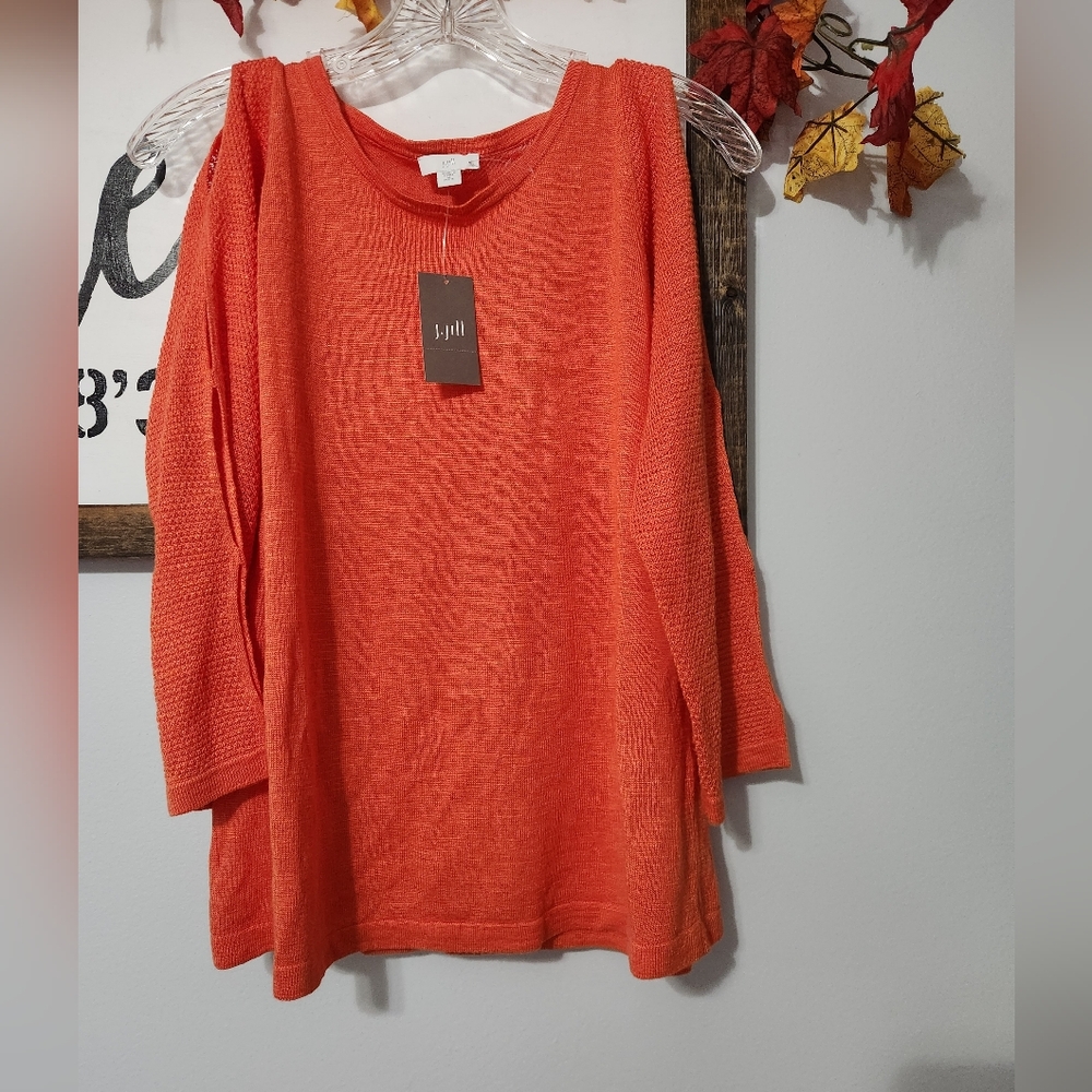 J Jill Sweater MEDIUM PETITE Knit Linen Blend Orange Slit Sleeve NWT